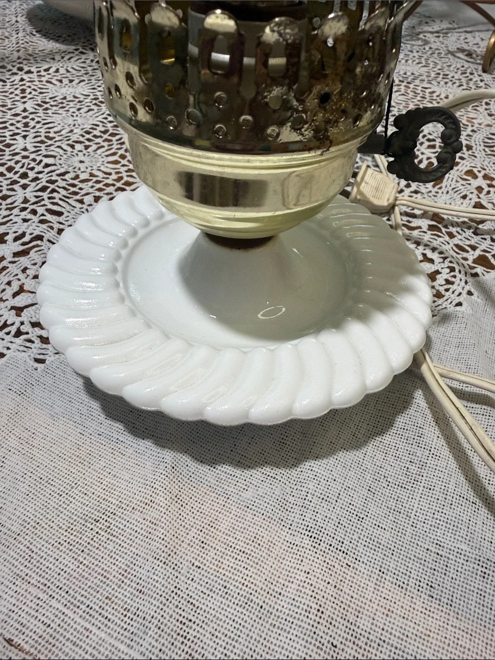 Vintage Milk Glass Hurricane Lamp with Clear Chimney